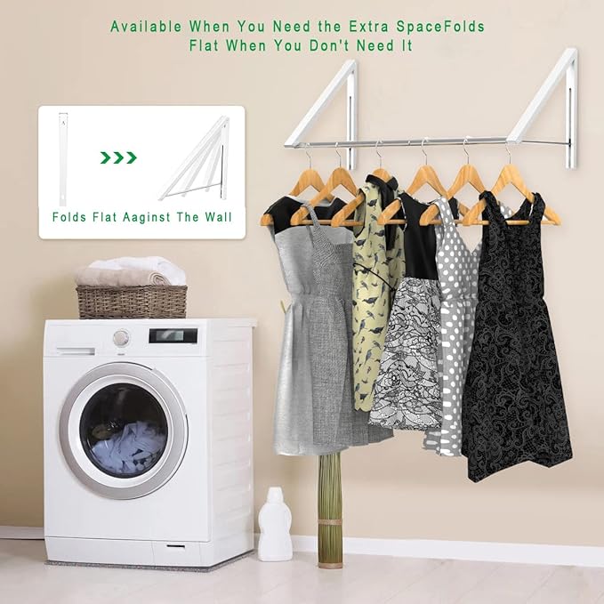 Laundry Room Drying Rack Wall Mounted Clothes Hanger Folding Wall Coat Racks Aluminum Home Storage Organiser Space Savers White 2 Rakcs with Rod