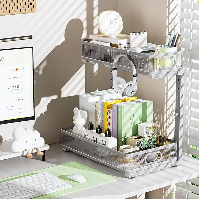 Under Sink Organizer, Height Adjustable 2 Tier Under Sink Organizers and Storage, Slide Out Metal Cabinet Organizers, Pull Out Sink Storage Drawer Shelf for Kitchen Bathroom Cabinet, Grey, 1 Pack