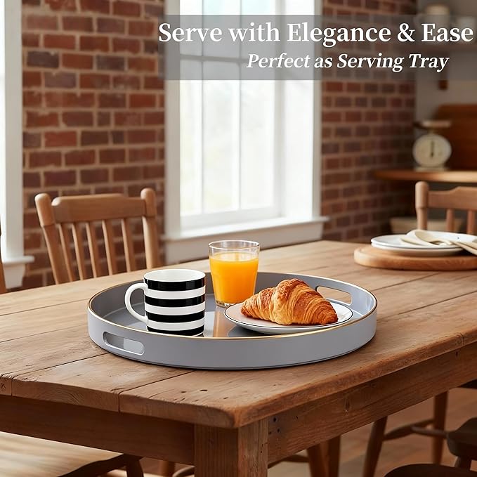 Zosenley Decorative Tray, Round Plastic Tray with Handles, Modern Vanity Tray and Serving Tray for Ottoman, Coffee Table, Kitchen and Bathroom, Size 13â (Gray)