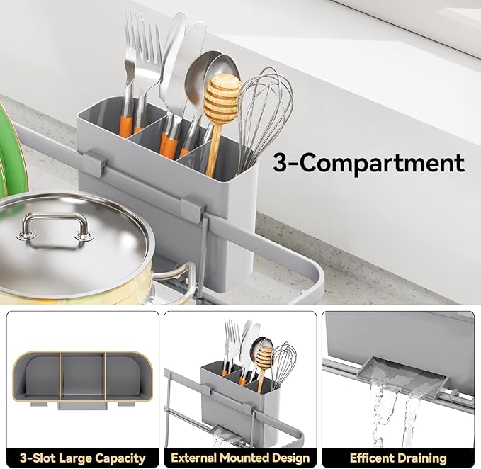 TOOLF Dish Drying Rack, Dish Racks for Kitchen Counter, Stainless Steel Sink Organization and Storage Essentials with Cutlery Holder, Dish Drainer, Home and Appartment Decor, 12.4''W x 16.5''L, Gray
