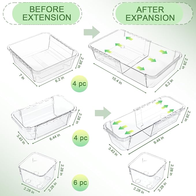 14 Pcs Clear Drawer Organizer, Adjustable Storage Bins (3 Sizes), Desk and Dresser Organizers for Makeup, Cosmetics, Kitchen Utensils, Bedroom, and Gadgets