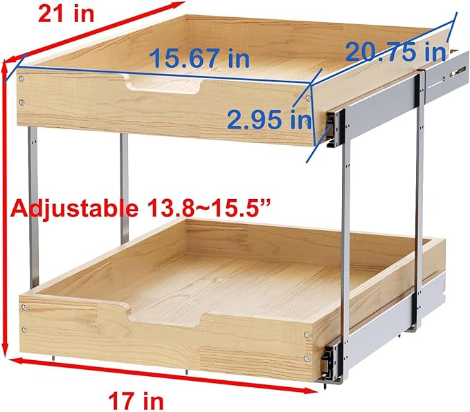 Wood Pull Out Cabinet Organizer 2 Tie 17" W x 21" D, Heavy-Duty Sliding Drawers for Inside Cabinets Storage and Organization for Kitchen, Pantry, Bathroom