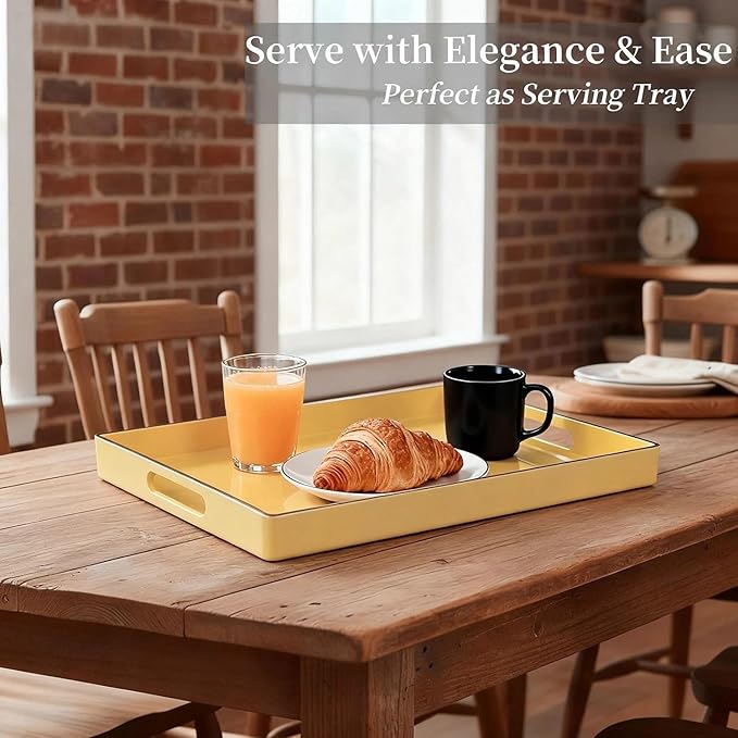 Zosenley Decorative Tray, Rectangular Plastic Tray with Handles, Modern Vanity Tray and Serving Tray for Bathroom, Kitchen, Ottoman and Coffee Table, 15.6â x 10.2â (Light Yellow)