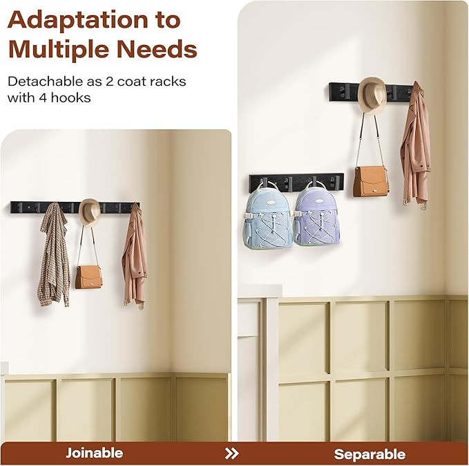 2 Pack Coat Rack Wall Mount, Black Coat Hooks Wall Mounted with 8 Metal Heavy Duty T Shaped Hooks, Pine Soild Wood Large Coat Hanger for Entryway, Living Room, Bathroom (32.3")