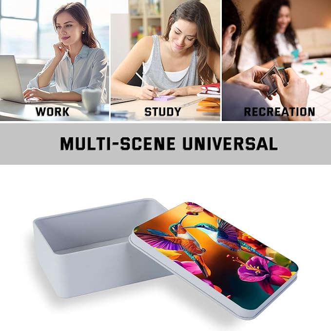 Metal Tin Box with Lid for Game Cards Home Organizer Candles Keys Crafts Storage - Equipped with 4 Magnetic Cord Clips，Hummingbirds and flowers