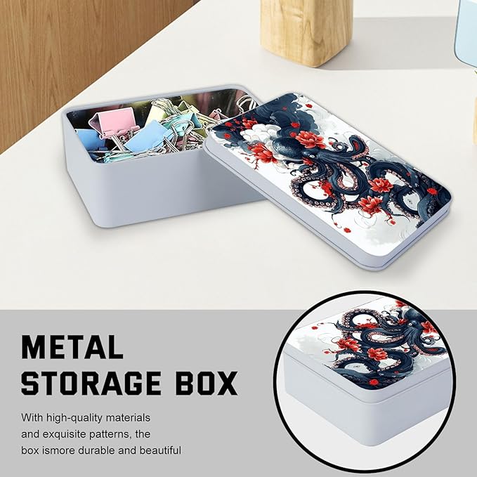 Metal Tin Box with Lid,Multi-functional Storage Large Box Can Store Tea Biscuits Game Cards, Playing & Tarot Cards-Comes with 4 Magnetic Cord Clips,Octopus and Red Flower