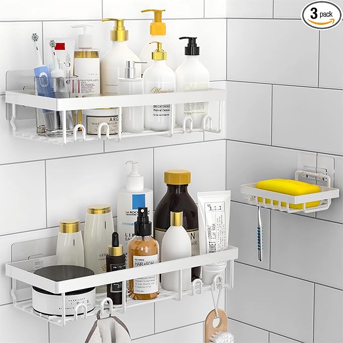 Moforoco 3-Pack Shower Caddy Basket Shelf with Soap Holder, No Drilling Traceless Adhesive Shower Wall Shelves, Rustproof White Bathroom Shower Storage Organizer