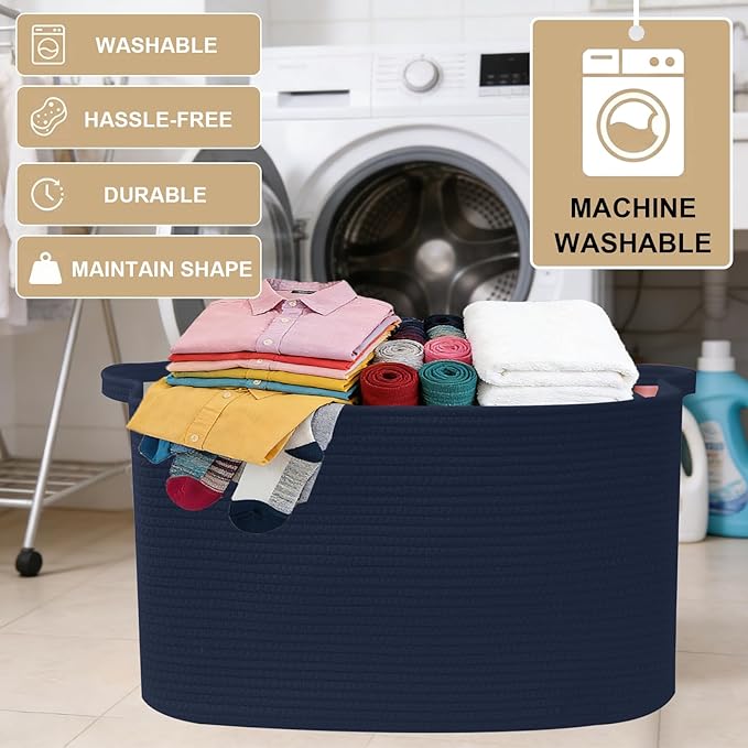 Magazine & Newspaper Baskets,Large Woven Rope Blanket Basket,24"x16"x15"Storage Bin with Handle,Toys Storage,Laundry Basket for Home Organization/Living Room/Nursery/Bedroom,Navy
