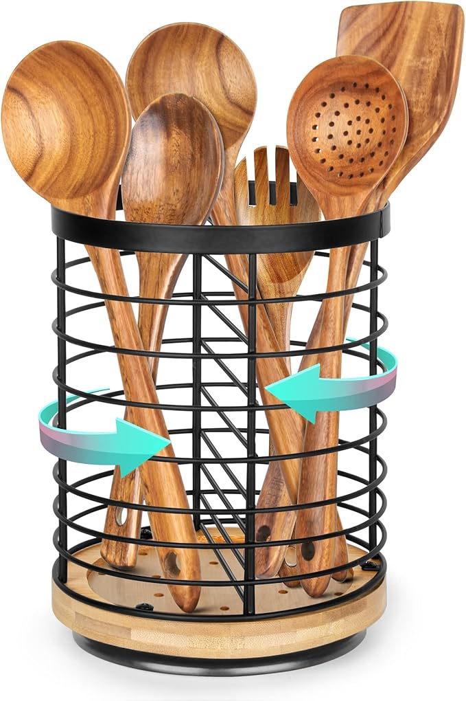 Utensil Holder for Kitchen Counter - 7.2" Large Rotating Utensil Crock, Wooden + Metal Base, Countertop Cooking Tool Spatula Organizer
