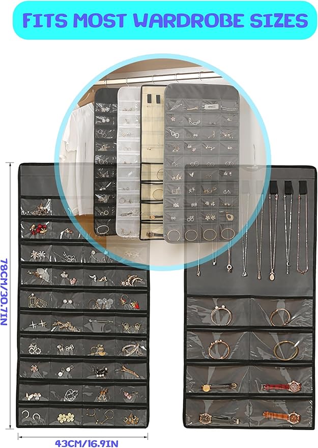 ONEPEACE Hanging Jewelry Organizer: Necklace & Earring Holder with Pockets for Closet, Wall or Door (Black)
