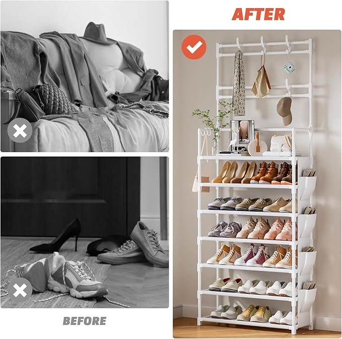 Shoe Rack 7 Tier Shoe Organizer Storage 21-28 Pairs Closet Shoes Rack for Front Door Entrance Shoe Rack Organizer with Hooks Side Pocket Entryway Large Capacity Shoe Shelf Tower Garage