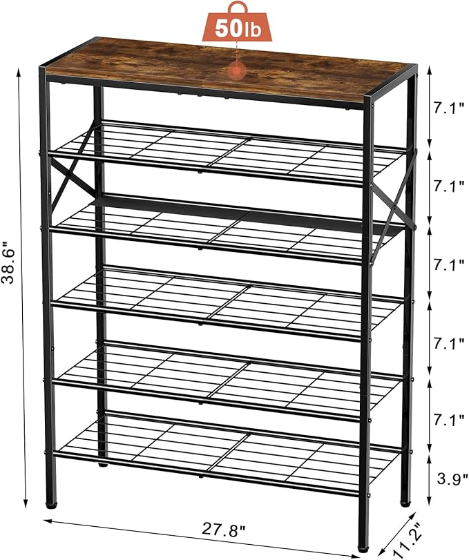 6-Tier Metal Shoe Rack Organizer Shoe Storage for Entryway 18-24 Pairs Narrow Shoe Rack for Closet Heavy-Duty Shoe Rack with Wooden Top Shelf for Garage Rustic Brown