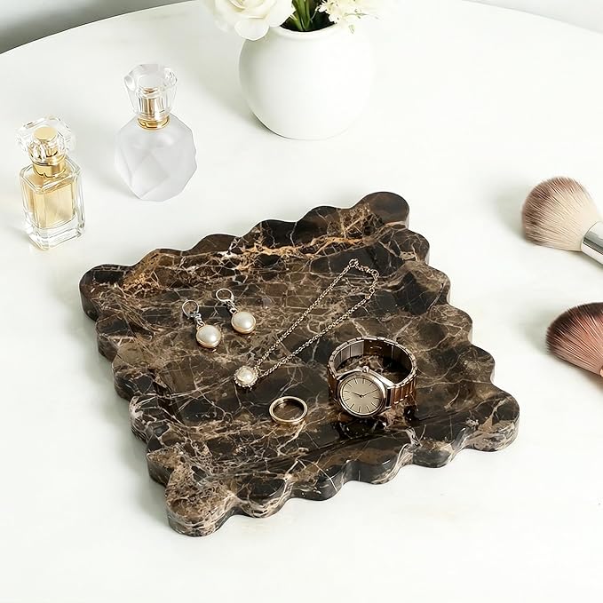 Elegant Square Marble Decorative Tray with Scalloped Edge Natural Stone Vanity Tray Organizer for Counter, Vanity, Dresser, Nightstand, Bathroom & Kitchen Sink(Dark Brown Net)