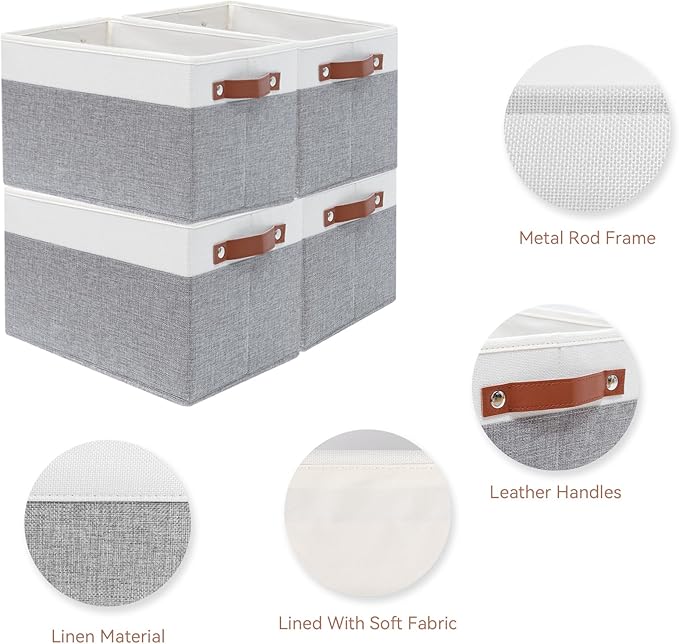 SNWDN 4 Pack Fabric Storage Baskets for Organizing Collapsible Fabric Storage Bins with Handles for Home organization and storage (White/Grey 15''Lx10.2''Wx9''H)