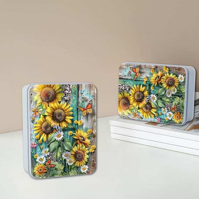 Metal Tin Box with Lid,Multi-functional Storage Large Box Can Store Tea Biscuits Game Cards, Playing & Tarot Cards-Comes with 4 Magnetic Cord Clips,Sunflowers Daisies and Butterflies