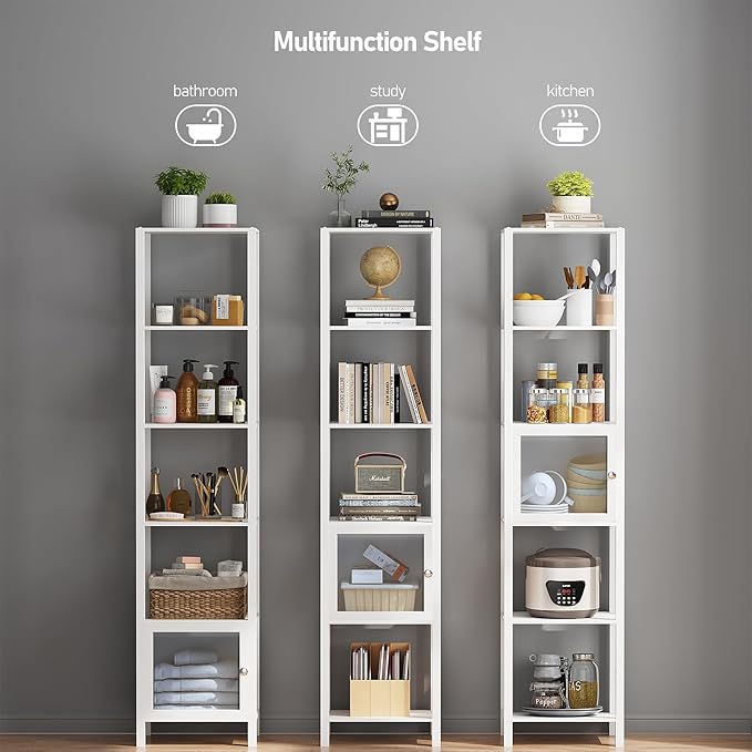 TUTOTAK 6 Tier Bookcase and Bookshelf, Narrow Book Shelf with Door for Small Space, for Living Room, Office, Study, Entryway, White BS03BW006