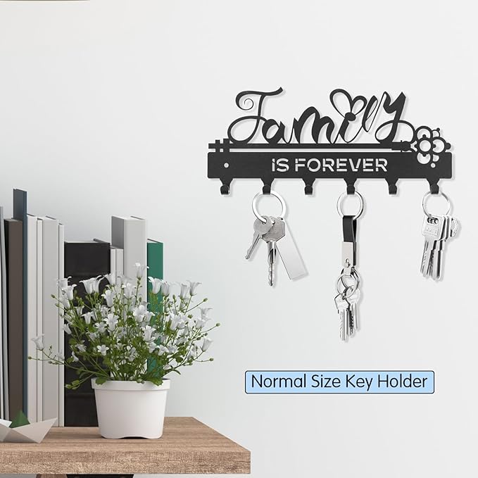 ”Family is Forever”Key Holder Wall Mounted,Key Holder on Wall,Black Metal Decorative Key Rack Hooks for Garage,Mudroom,Hallway,Entryway,Front Door,Office(Normal Size:28x12.3cm)