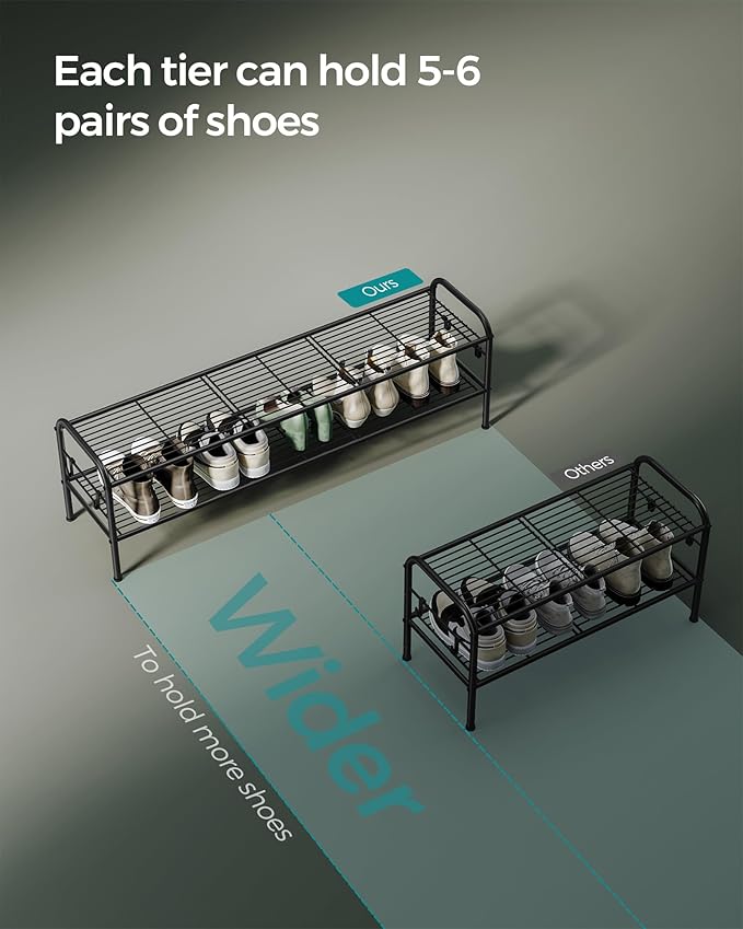 SONGMICS Shoe Rack, 2-Tier Shoe Organizer, Metal Shoe Shelf Storage with 4 Side Hooks, Holds 12 Pairs of Shoes, Height-Adjustable Shoe Rack for Entryway, Hallway, Closet, Ink Black ULMR121B01
