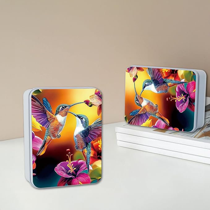 Metal Tin Box with Lid for Game Cards Home Organizer Candles Keys Crafts Storage - Equipped with 4 Magnetic Cord Clips，Hummingbirds and flowers