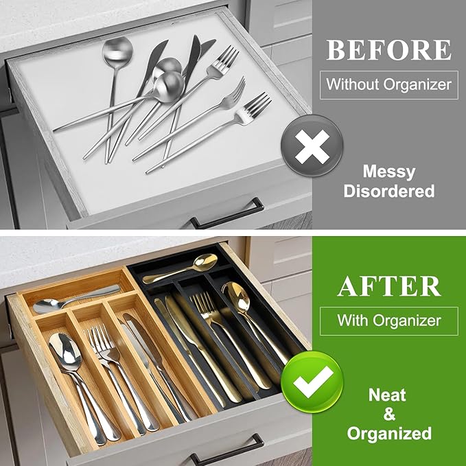 Small Silverware Organizer for Drawer Bamboo Kitchen Utensil Tray Narrow Cutlery Drawer Organizer Flatware Caddy Wooden Utensil Drawers Spoon Fork Holder Black Skinny Silverware Trays Organizers