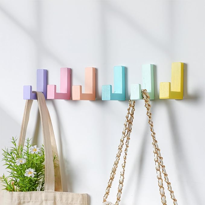 6 Pack Cute Kids Coat Wall Hooks Wooden Adhesive Decorative Colorful Wall Mounted Hangers Backpack Hooks for Hanging Keys Towel Clothes Bathroom Organization(Pastel)