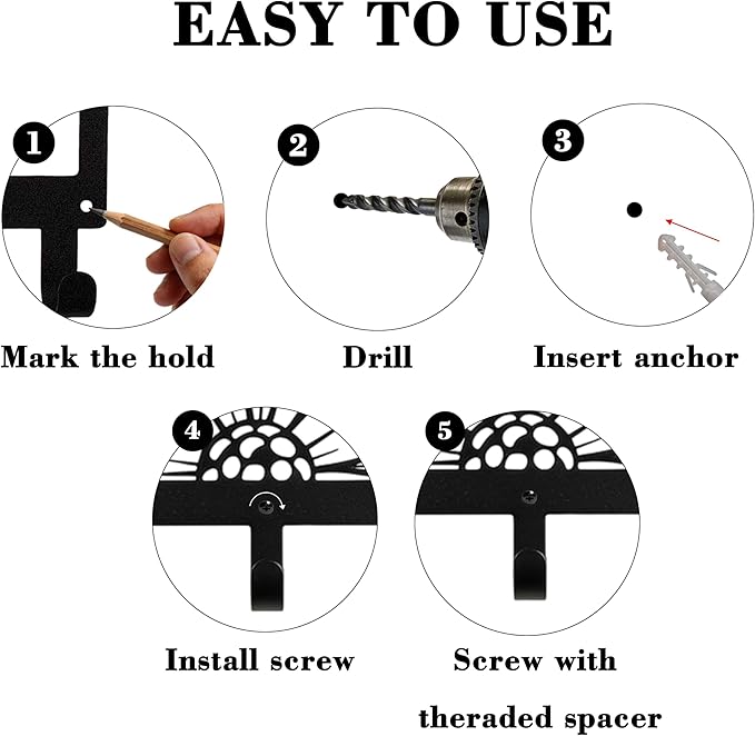 Black Metal Flower Wall Mount Rack with 7 Hooks, Decorative Wall Hanger for Coats, Jackets, Hats, Bags, Keys, Metal Wall Organizer for Bedroom, Bathroom, Kitchen, Living Room, Office, Home