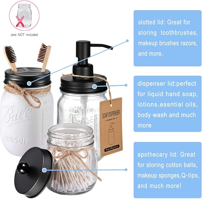 Mason Jar Bathroom Accessories Lids Set(4pcs) - Jars Not Included - Soap Dispenser,Toothbrush Holder, Apothecary Jars Lids for Regular Mouth Mason Jars - Rustproof Stainless Steel，Black