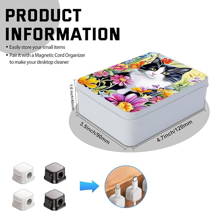 Metal Tin Box with Lid,Multi-functional Storage Box Can Store Tea Biscuits Game Cards, Playing & Tarot Cards-Comes with 4 Magnetic Cord Clips,Tuxedo Cat in Flowers