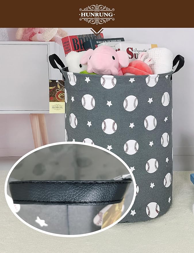 HUNRUNG Laundry Hamper,Large Canvas Fabric Lightweight Storage Basket Toy Organizer Dirty Clothes Collapsible Waterproof for College Dorms, Children Bedroom,Bathroomï¼Round-Grey Baseballï¼