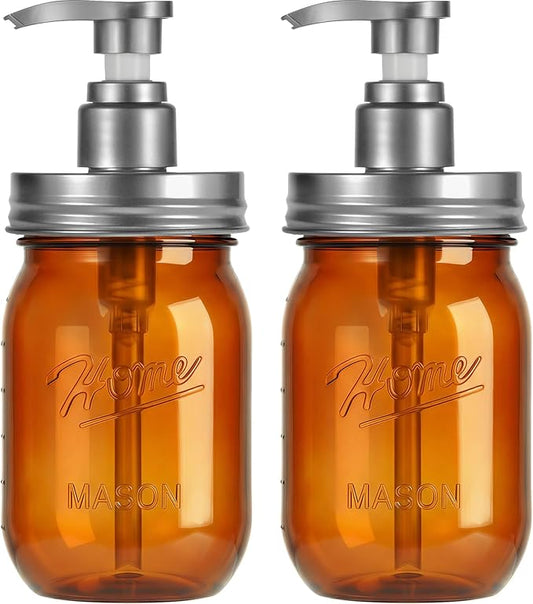 Amolliar Plastic Mason Jar Soap Dispenser with Pump Lid,16OZ Refillable Hand Soap Dispenser Set with Cute Lables - Farmhouse Decor for Kitchen Bathroom, Liquid Soap, Dish Soap, Lotion (2 Pack, Amber)