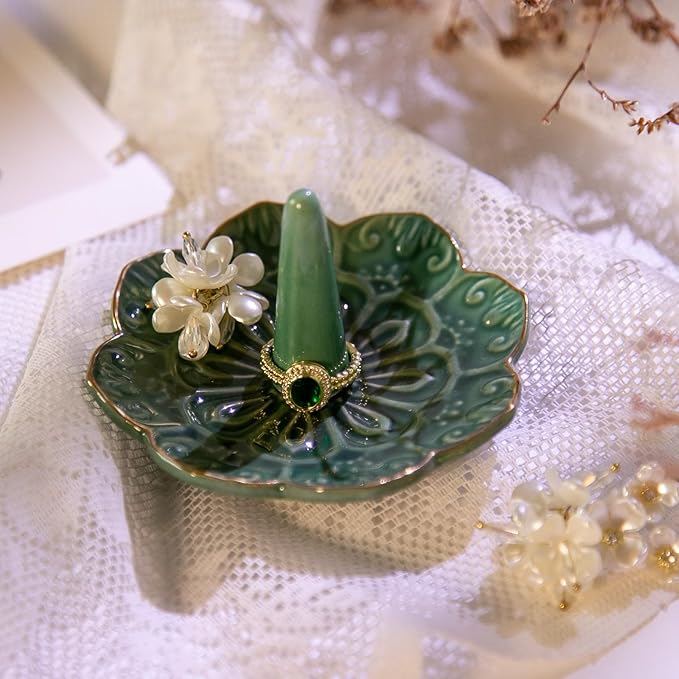 HOMEGOAL Ceramic Ring Holder Dish for Jewelry, Decorative Mandala Jewelry Tray for Rings Earrings Necklaces Watch Keys, Aesthetic Room Decor, Birthday Engagement Wedding Gifts for Women (Green)
