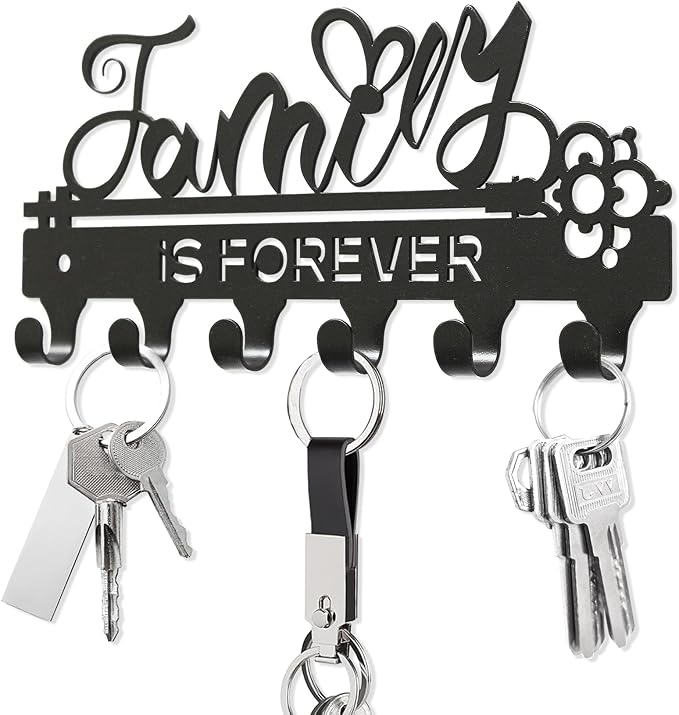 ”Family is Forever”Mini Key Holder Wall Mounted,Small Key Holder on Wall,Black Metal Decorative Key Rack Hooks for Garage,Mudroom,Hallway,Entryway,Front Door,Office(Mini Size:18.5x8.5cm)