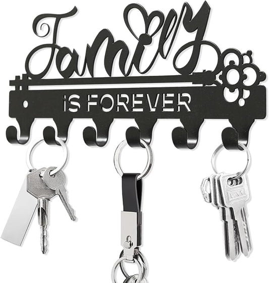 ”Family is Forever”Mini Key Holder Wall Mounted,Small Key Holder on Wall,Black Metal Decorative Key Rack Hooks for Garage,Mudroom,Hallway,Entryway,Front Door,Office(Mini Size:18.5x8.5cm)