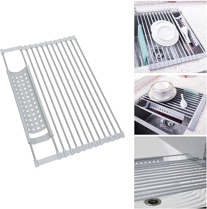 BNYD Roll Up Dish Drying Rack for Sink – 14.5" x 11" Stainless Steel Over The Sink Rack with Utensil Holder – Foldable, Heat-Resistant, Kitchen Counter Organizer