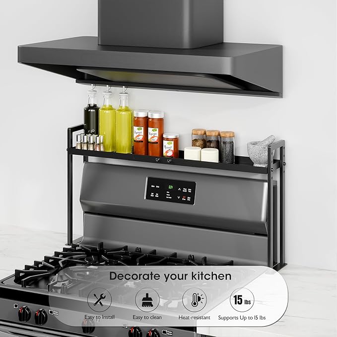 Bumusty Adjustable Stove Top Shelf,Over Shelf for Stove â Expandable 4-Level Spice Rack & Kitchen Organizer, Anti-Slip Metal Construction, 27"â33" Length, 11"â14" Height, Black