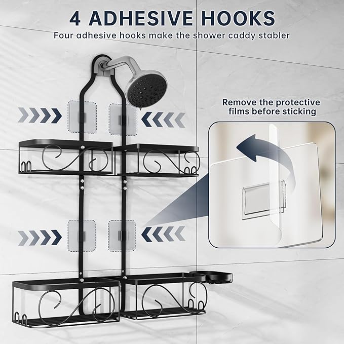 Kadolina Shower Caddy Hanging for Handheld Showerheads, Rustproof Stainless Steel Shower Organizer, Large-Capacity Bathroom Organizer Rack with Soap Dish and Hooks for Razor/Sponge, Black