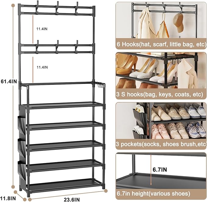 Shoe Rack 5 Tier Shoe Organizer Storage 15-20 Pairs Shoes Rack for Closet Entrance Shoe Rack Organizer with Hooks and Side Pocket Entryway Shoe Holder Space Saving Free Standing Shoe Racks