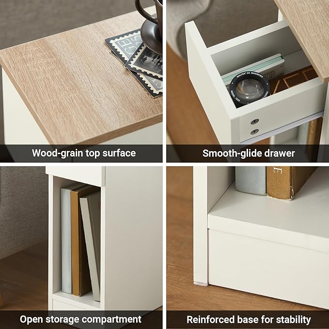 SoBuy Narrow Nightstand Set of 2, Narrow Bedside Table with Sliding Drawer and Open Compartment, Modern Slim End Table Storage Cabinet, White & Natural, FBT111-WNX2