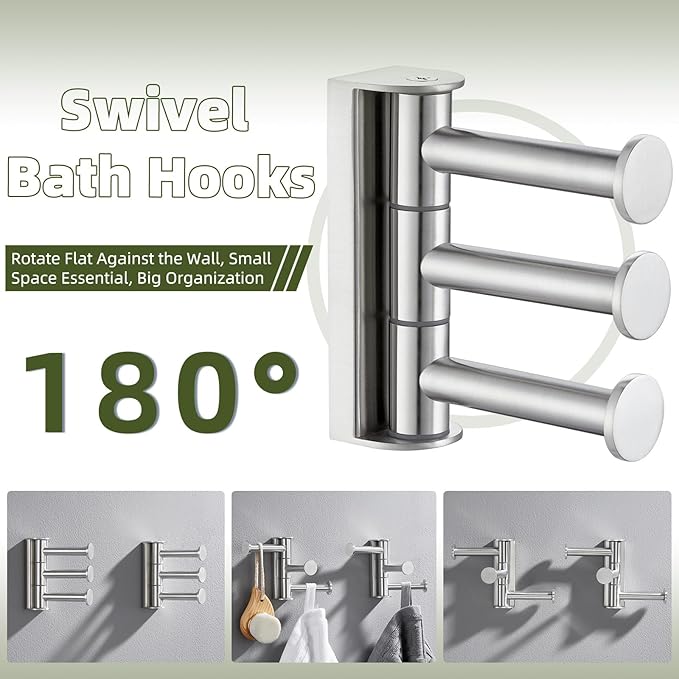 APLusee Swivel Towel Hook Brushed Nickel, 304 Stainless Steel 3 Arms Foldable Bathroom Robe Towel Hook, Shower Coat Hanger, Wall Kitchen Holder, 2 Pack