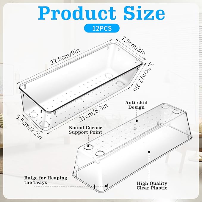 12 Pack Clear Drawer Organizers, Clear Organizer Bins for Drawers, Drawer Organizer Bins - 9 x 3 x 2.2 Inches PET Plastic Storage Trays for Kitchen, Bathroom, Office & Vanity
