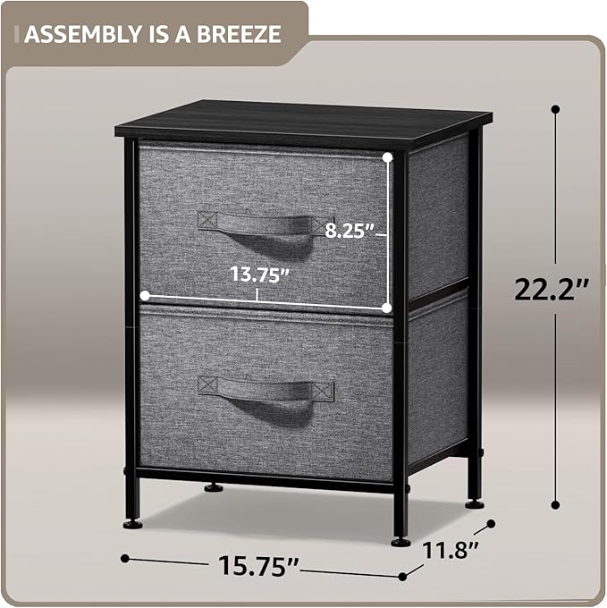 Sorbus Nightstand with 2 Drawers - Bedside Furniture End Table Night Stand with Steel Frame, Wood Top & Easy Pull Fabric Bins - Small Dresser & Chest for Home, Bedroom Accessories & Office