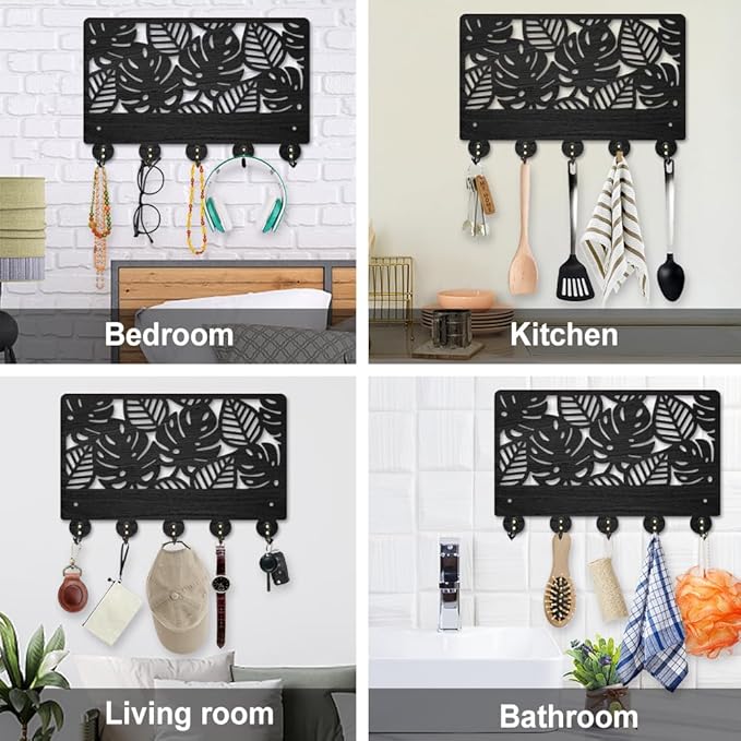 MAYJOYDIY Monstera Background Key Holder for Wall Tropical Leaves Wood Key Hooks 11.8×7.9inch Key Hanger Rack with 5 Alloy Hooks for Entryway Front Door Kitchen Office Decoration