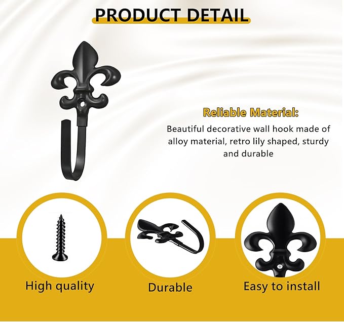Decorative Wall Hooks for Hanging Things, Vintage Fleur De Lis Metal Coat Hooks, Heavy Duty Black Rustic Hooks for Key, Jewelry, Curtain Tie Backs, Towel, Hat, Small Decorative Hardware 4 Pack