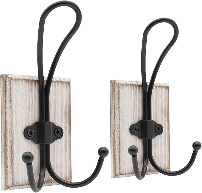 Wall Hooks for Hanging Heavy Duty, 2 Pack Farmhouse Double Towel Hooks for Bathrooms Wall Mounted, Rustic Decorative Wood Coat Hooks Hanging Keys Robe Hat for Kitchen, Entryway (Weathered White)