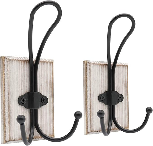 Wall Hooks for Hanging Heavy Duty, 2 Pack Farmhouse Double Towel Hooks for Bathrooms Wall Mounted, Rustic Decorative Wood Coat Hooks Hanging Keys Robe Hat for Kitchen, Entryway (Weathered White)