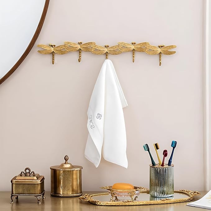 Gold Coat Rack Wall Mounted - 5 Tri Hooks, Heavy Duty, Brass Coat Hook Rail for Coat Hat Towel Purse Robes Mudroom Bathroom Entryway
