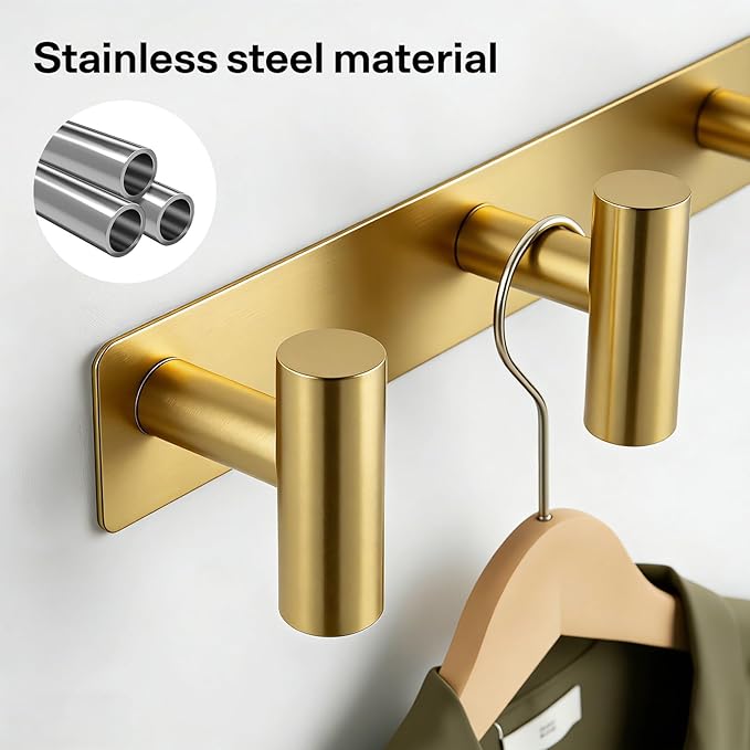 Gold Coat Hooks, Wall Mounted Coat Rack – 5 T-Shaped Towel Rack for Hats, Bags & Towels, Heavy-Duty Metal Rail for Entryway, Bathroom, Closet, Bedroom