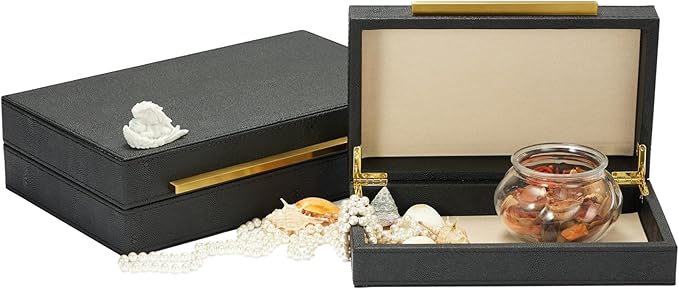 Set of 2 Black Shagreen Leather Decorative Boxes With Gold Handles, Faux Leather Jewelry Boxes Modern Storage Boxes Memory Boxes Home Organizer Box (Black-Gold, 2pack)