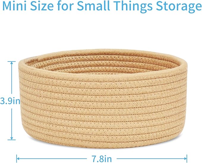 ABenkle Small Woven Basket, Empty Tiny Shallow Storage Basket, Mini Cotton Rope Baskets, Round Decorative Hamper, Basket Storage Bins for Toys, Spa, Socks, Nursery, Living Room