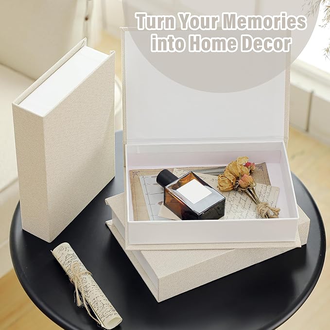 Tioncy 3 Pcs Fake Book Box Neutral Linen Book Box Decorative Faux Prop Storage for Farmhouse Home Decor shelf Table Card Photo DIY Keepsake Gift(8.6 x 6.1 x 1.8 Inch,Creamy White)